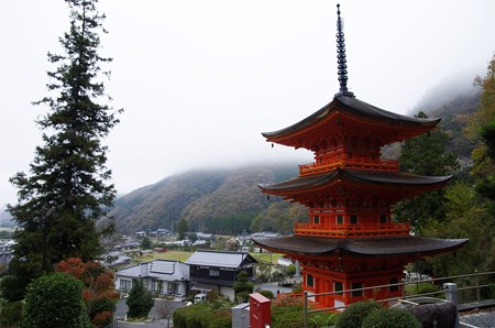 朝霧の中の美作長福寺三重塔